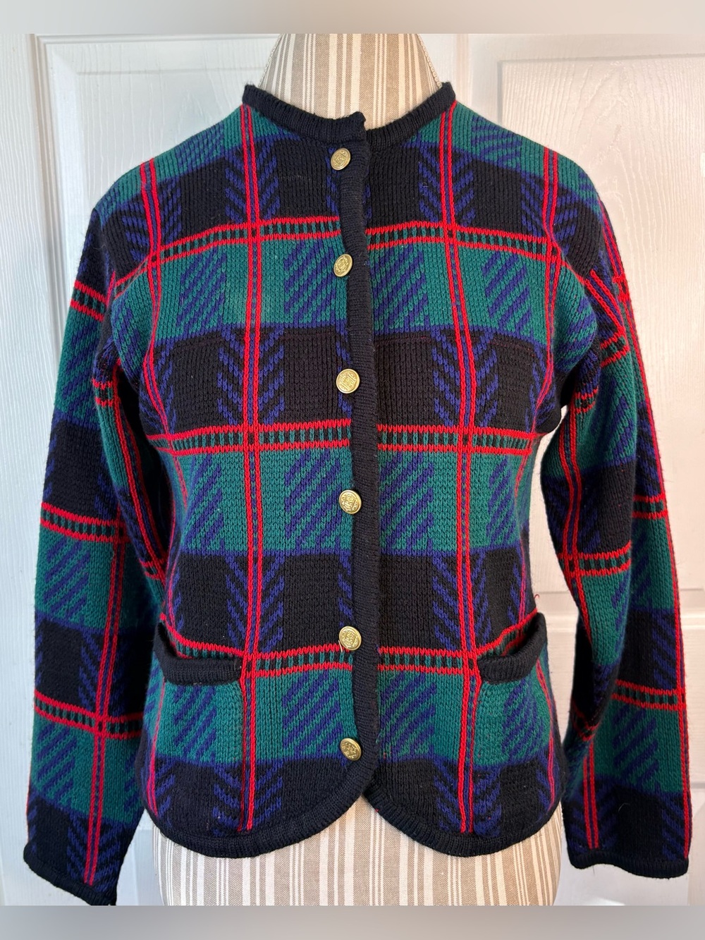 VTG 60s Tally-Ho Plaid Tartan Grandma Grandpa Cardigan Sweater Gold Buttons~M